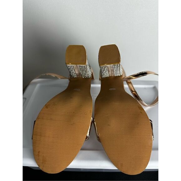 strappy Womens Solid Color Rhinestone Chunky High Heel Buckle Peep Toe Sandals - Picture 4 of 9